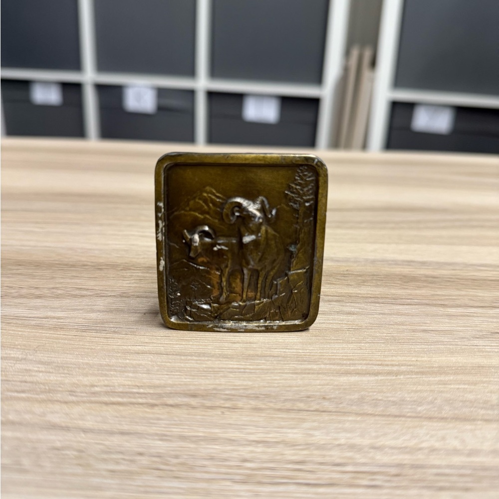 Indiana Metal Craft Vintage Brass 1977 2” Big Horn Sheep Square Belt Buckle